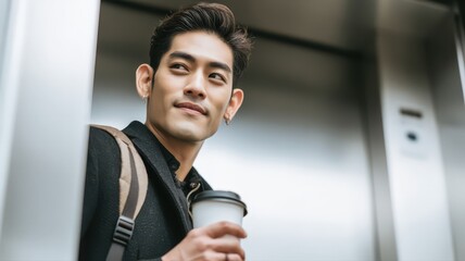 Young Businessman With Neat Hairstyle Holding Coffee Cup While Waiting in Elevator