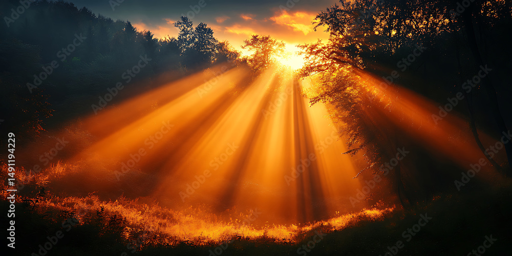 Poster breathtaking sunset illuminating a mystical forest landscape with golden rays piercing through fog a