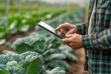 A farmer using a digital tablet in a cabbage field to monitor the crop, wearing a plaid shirt and inspecting the leaves in a greenhouse environment.