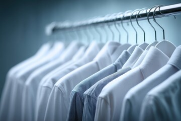 Obraz premium Neat row of ironed shirts, some white and some striped, all hanging on hangers in a closet. Clean and pressed, professional look, prepared for wear and ready to go.