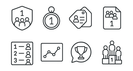 Line style icons of team tournament rankings: team rank icon, position badge, player stats tag, team score file, group ranking board, performance chart, leaderboard bubble, team placement symbol.