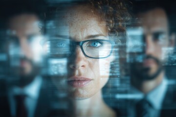 A focused businesswoman wearing glasses, surrounded by colleagues and a technology interface, displaying dedication and a forward-thinking approach to business strategy.