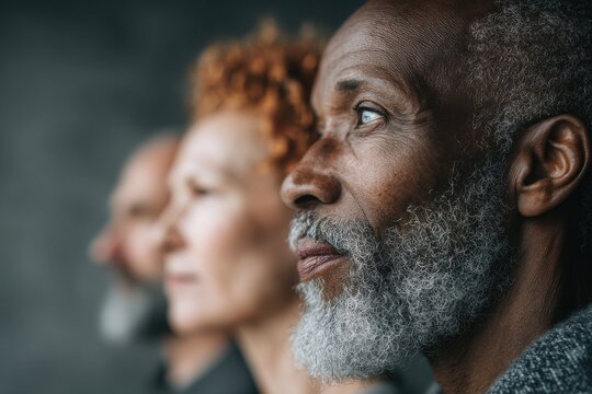 A contemplative portrait of a senior African-American man with silver beard, looking thoughtfully away with friends in the soft-focused background.