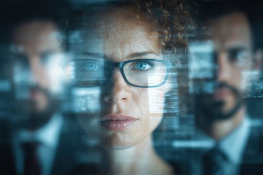 A focused businesswoman wearing glasses, surrounded by colleagues and a technology interface, displaying dedication and a forward-thinking approach to business strategy.
