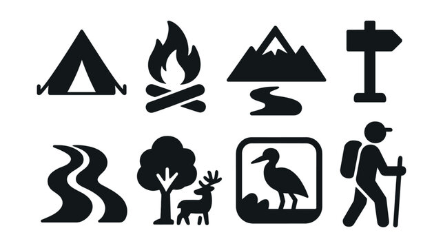 Solid style icons of camping and nature travel: tent, campfire, mountain icon, trail marker, river icon, nature reserve, wildlife sighting, eco hike.