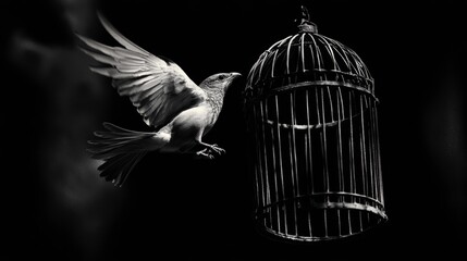 Black and white photo of a bird escaping an empty cage.