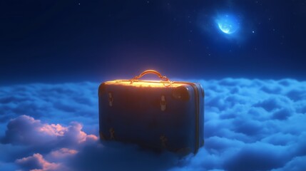 Surreal suitcase floating among clouds under moonlit sky