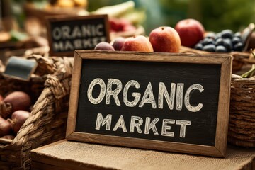 A rustic display of fresh, organic produce at a local market, showcasing the bounty of nature with ripe apples, plums, and blueberries, displayed near a chalkboard sign.