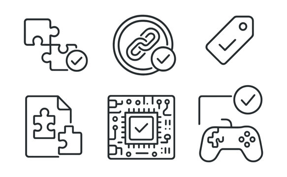Line style icons of mod compatibility: compatibility icon, patch compatibility badge, supported mod tag, mod compatibility file, compatible system board, feature list chart, system check bubble, game