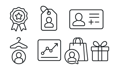 Line style icons of personalized loyalty offers: recommended reward icon, “for you” tag, behavior-based bonus card, style-matched reward, interest tracking chart, previous purchase perks, custom