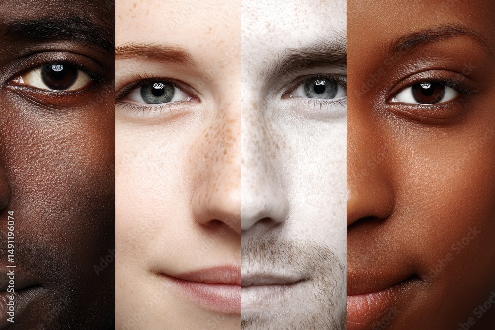 Poster a conceptual collage showcasing diversity and inclusion with faces of different ethnicities, promoti