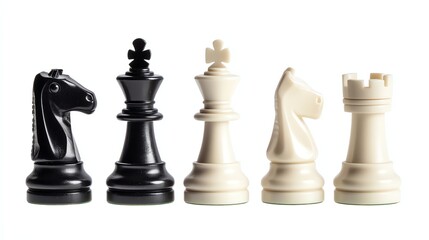 A black and white chess set sits isolated on a white surface.
