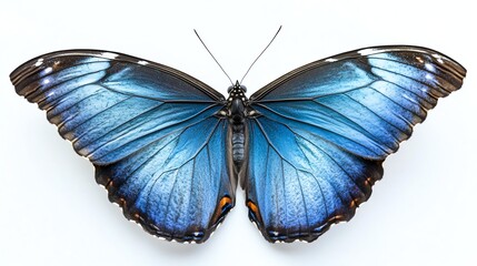 Obraz premium A vibrant blue butterfly with fully spread wings is prominently displayed in the photograph.