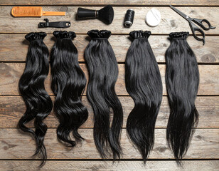 Salon scene featuring black hair extensions and styling tools on a wooden surface. Beauty concept for hair care, hairdressing, or fashion.