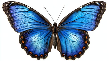 Fototapeta premium A vibrant blue butterfly with fully spread wings is prominently displayed in the stock photo.