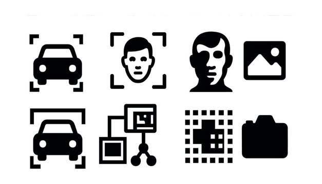 Solid style icons of AI for vision tasks: object detection icon, facial recognition, segmentation mask, image label, bounding box icon, visual classifier, pixel-level output, camera input.