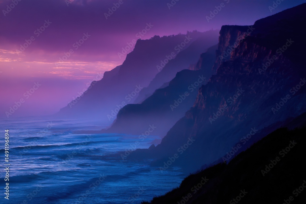 Poster coastal cliffs at dusk with fog rolling in, evoking tranquility and a sense of escape for travel and