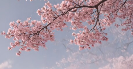 Fototapeta premium Soft pink sakura petals descend against a muted pastel sky , calm, background