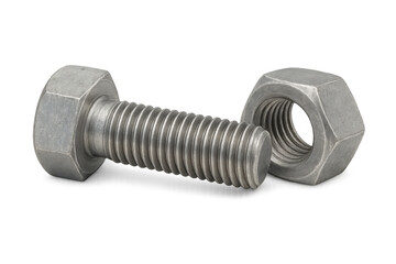 Close-up of a metal bolt and nut, showcasing their threads and industrial design, isolated on a transparent background