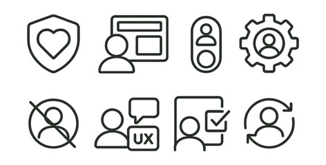 Line style icons of user-centric design choices: UI designed for care badge, needs-first layout icon, “you first” toggle, accessible settings icon, no manipulation symbol, open UX feedback button,