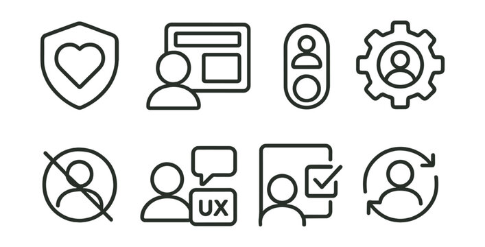 Line style icons of user-centric design choices: UI designed for care badge, needs-first layout icon, “you first” toggle, accessible settings icon, no manipulation symbol, open UX feedback button,