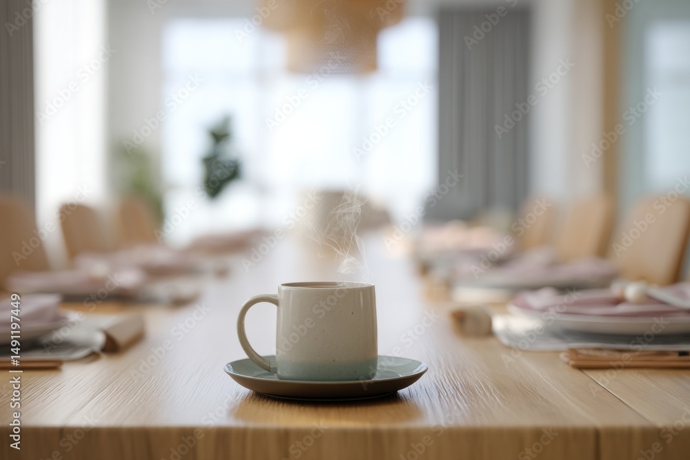 Poster steaming cup of coffee on a wooden table in a bright room, representing a moment of calm and focus f