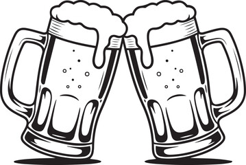 Clinking Beer Mugs with Foam Outline Illustration