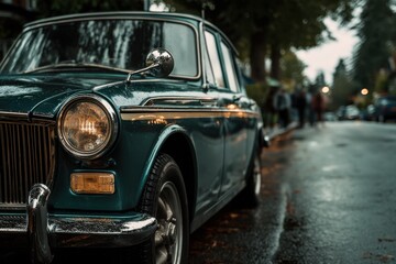 Fototapeta premium Vintage Teal Car Parked on Wet Street, Showcasing Automotive Heritage and Classic Style for Nostalgia Marketing : Generative AI