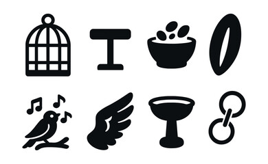 Solid style icons of bird pet care: bird cage, perch icon, seed bowl, cuttlebone, bird bath, singing icon, clipped wing, toy rings.