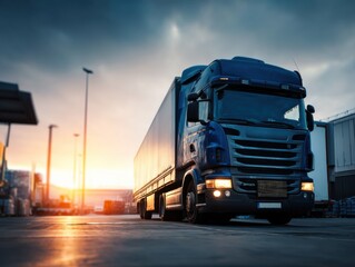 Fototapeta na wymiar Blue Semi-Truck at Sunset in a Warehouse Parking Lot, Emphasizing Logistics and Supply Chain Management for Business : Generative AI