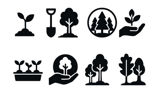 Solid style icons of tree planting and forest care: sapling icon, shovel and tree, reforestation badge, planted hand, seedling tray, tree protection icon, forest growth, native species icon.