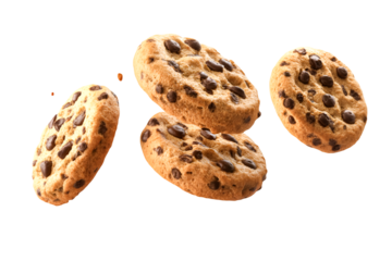 Delicious Chocolate Chip Cookies Falling Isolated on Black Background,