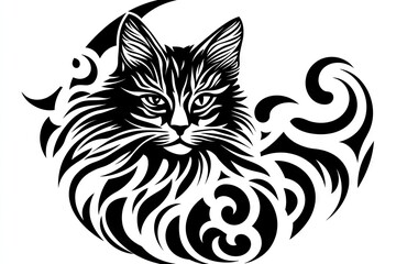 Fototapeta premium Black and white tribal cat illustration design.