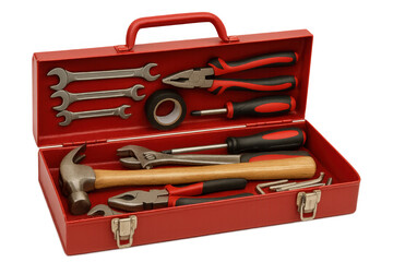 Metallic red toolbox housing professional-grade hand tools—hammer, wrenches, pliers, screwdrivers, electrical tape—against clean transparent backdrop