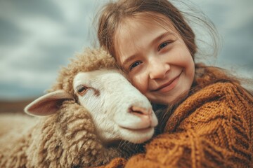A sweet young girl lovingly embraces a fluffy sheep, sharing a tender moment, symbolizing friendship and the beauty of connection in the countryside farm.