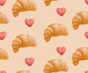 Croissant illustration background. Pastry seamless pattern for bakery, cafe or romantic travel. Croissant, sweet goods