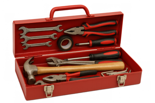 Metallic red toolbox housing professional-grade hand tools—hammer, wrenches, pliers, screwdrivers, electrical tape—against clean transparent backdrop