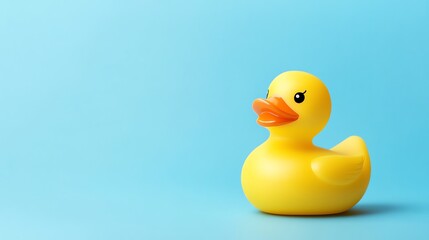 A vibrant yellow rubber duck sits alone against a solid blue background.