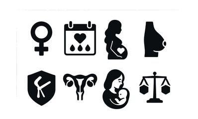Solid style icons of women’s health: female symbol, menstrual tracker, prenatal care icon, breast health, gynecology badge, pelvic health icon, mother wellness, hormone balance.