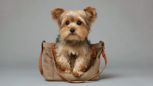Adorable Yorkshire Terrier puppy sitting in a stylish beige handbag posing against neutral studio background