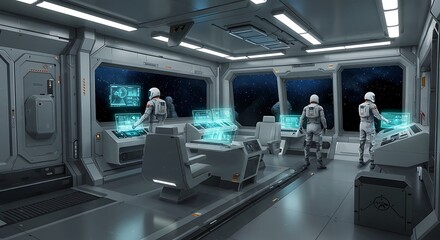 Robots in futuristic spaceship control room