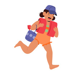 Little girl child cartoon character wearing swimming suit running to beach isolated on white