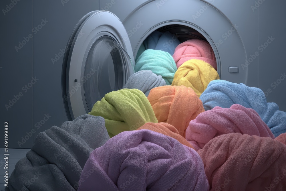 Poster a close-up studio shot of a washing machine with a partially open door filled with a heap of clean, 