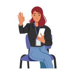 Young woman journalist cartoon character with raised hand on press-conference isolated on white