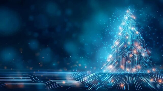 Digital Christmas tree design with glowing lights and circuit patterns in a futuristic setting for the holiday season