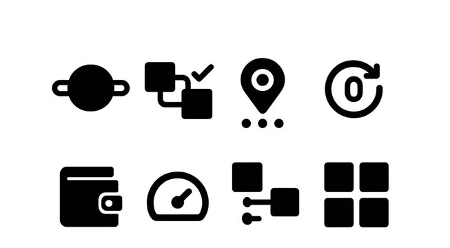 Solid style icons of blockchain transactions: transaction hash, signed transfer, public address, nonce icon, wallet send, fee meter, pending state, transaction pool.