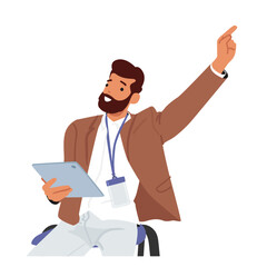 Young bearded businessman cartoon character answering question pointing with raised hand aside