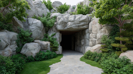 A picturesque stone path leads to a mysterious dark cave entrance surrounded by lush greenery and rocky formations under a bright, overcast sky today.