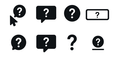 Solid style icons of interactive guidance: hover for help icon, tooltip question, info with question mark, question in form field, popover help icon, contextual “?”, floating guide icon, inline help