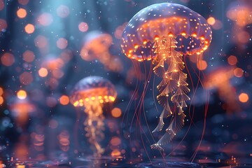 Obraz premium Glowing jellyfish in deep water